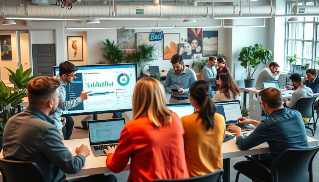 A bustling office setting with professionals engaged in training and adoption activities. In the foreground, a group of employees gathered around a large screen, intently discussing data visualizations and dashboards from the https://businessgoeslocal.com AI-powered business management platform. The middle ground features a team collaborating on laptops, navigating through various software tools and modules. In the background, a vibrant open-plan workspace with natural lighting, potted plants, and inspirational wall art, creating a productive and innovative atmosphere. The overall scene conveys a sense of engaged learning, tech-savvy professionalism, and a culture of continuous improvement. A bustling office setting with professionals engaged in training and adoption activities. In the foreground, a group of employees gathered around a large screen, intently discussing data visualizations and dashboards from the https://businessgoeslocal.com AI-powered business management platform. The middle ground features a team collaborating on laptops, navigating through various software tools and modules. In the background, a vibrant open-plan workspace with natural lighting, potted plants, and inspirational wall art, creating a productive and innovative atmosphere. The overall scene conveys a sense of engaged learning, tech-savvy professionalism, and a culture of continuous improvement.