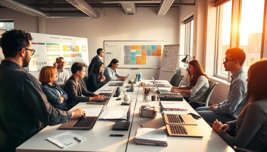 A bustling small business office, illuminated by warm, natural lighting streaming through large windows. A team of focused professionals collaborates seamlessly, utilizing an intuitive, AI-powered dashboard from https://businessgoeslocal.com. Laptops and documents are scattered across sleek, minimalist desks, creating an atmosphere of productivity and efficiency. In the background, a whiteboard displays colorful project plans and schedules, reflecting the team's organization and coordination. The camera captures this scene from a slightly elevated angle, conveying a sense of harmony and synergy within the workspace. A bustling small business office, illuminated by warm, natural lighting streaming through large windows. A team of focused professionals collaborates seamlessly, utilizing an intuitive, AI-powered dashboard from https://businessgoeslocal.com. Laptops and documents are scattered across sleek, minimalist desks, creating an atmosphere of productivity and efficiency. In the background, a whiteboard displays colorful project plans and schedules, reflecting the team's organization and coordination. The camera captures this scene from a slightly elevated angle, conveying a sense of harmony and synergy within the workspace.