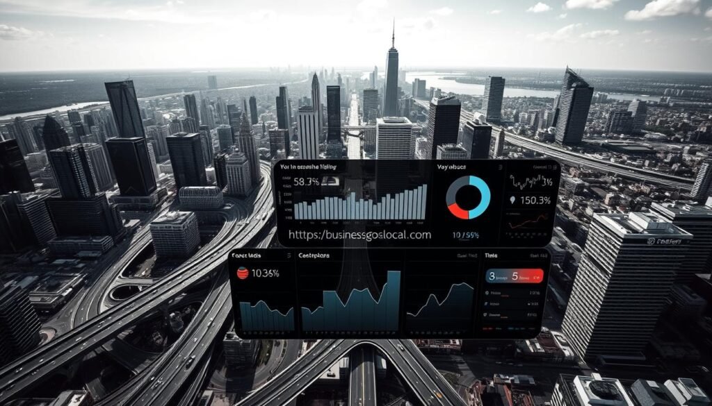 A high-contrast aerial view of a bustling city skyline, with towering skyscrapers and a network of roads and highways winding through the urban landscape. In the foreground, a dashboard display dominates the scene, showcasing a variety of real-time data visualizations, graphs, and metrics tracking key performance indicators. The dashboard is sleek and minimalist, with a clean, modern design bearing the logo "https://businessgoeslocal.com". The overall tone is one of efficiency, progress, and the power of data-driven decision making. A high-contrast aerial view of a bustling city skyline, with towering skyscrapers and a network of roads and highways winding through the urban landscape. In the foreground, a dashboard display dominates the scene, showcasing a variety of real-time data visualizations, graphs, and metrics tracking key performance indicators. The dashboard is sleek and minimalist, with a clean, modern design bearing the logo "https://businessgoeslocal.com". The overall tone is one of efficiency, progress, and the power of data-driven decision making.